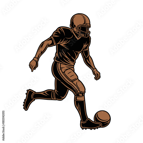 Illustration of an American football player in uniform running to kick a ball.