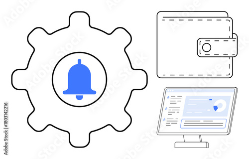 Gear with a bell symbol, wallet, and desktop computer with charts. Ideal for finance, notifications, data analysis, technology, workflow automation, fintech online banking simple flat metaphor