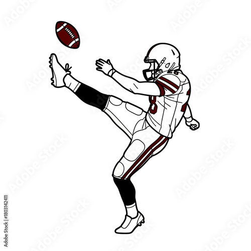 Black and white line art illustration of an American football player in uniform punting the ball.