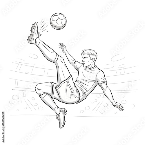 A dynamic black and white sketch of a soccer player performing a bicycle kick in a stadium.