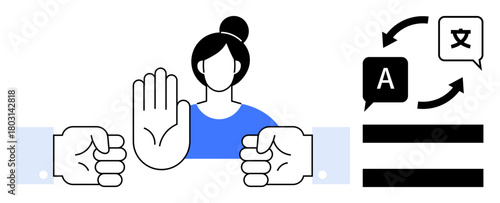 Woman signaling stop with open palm between two fists, supported by translation icons and language arrows. Ideal for conflict resolution, communication, negotiation, peace, language diversity