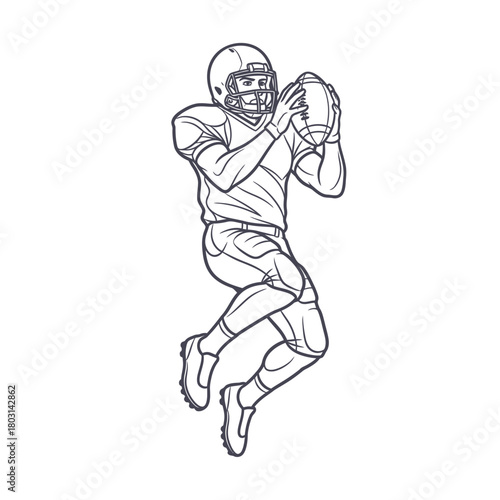 Line art illustration of an American football player jumping in the air to catch a pass.