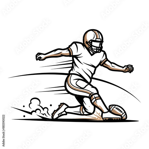Illustration of a football player kicking the ball with detailed lines and shading.