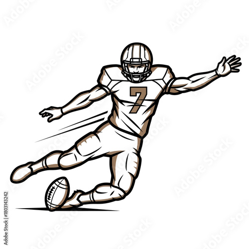 Illustration of an American football player in uniform and helmet kicking a ball.