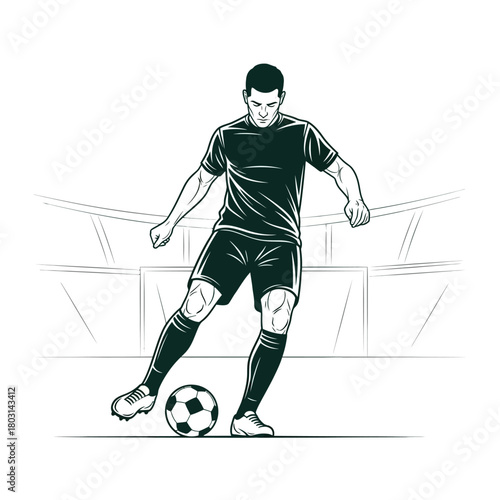 A dynamic illustration of a male soccer player in action, skillfully controlling a ball on a field with stadium seating in the background.