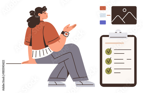 Woman gesturing confidently, visual slides on display, checklist with green ticks, seated in a casual pose. Ideal for project management, planning, teamwork, education, training personal