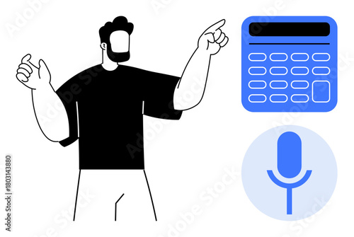Man pointing towards a calculator and microphone icon, representing digital tools, voice commands, or financial management. Ideal for technology, innovation, automation, finance, education