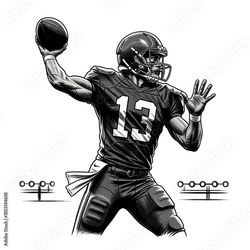 A black and white illustration of a football quarterback in uniform throwing a football.