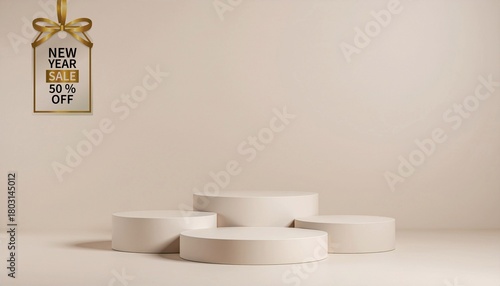 3D background products display podium scene with geometric platform. Stage showcase on pedestal display beige studio.
