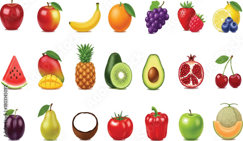 A vibrant collection of fresh ripe and colorful fruits arranged in rows on a clean white background