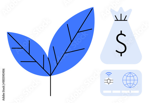 Blue leaf symbol next to a money bag with a dollar sign and digital interface icons. Ideal for eco-finance, sustainable growth, environmental technology, green investments, fintech, renewable