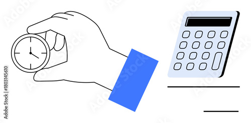 Hand gripping a clock beside a calculator, with clean lines and minimalist style. Ideal for productivity, finance, time tracking, budgeting, business efficiency, work-life balance, simple flat