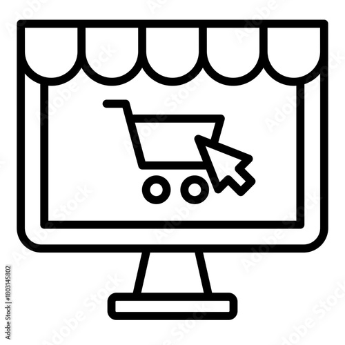 e commerce outline icon with monitor and cart checkout