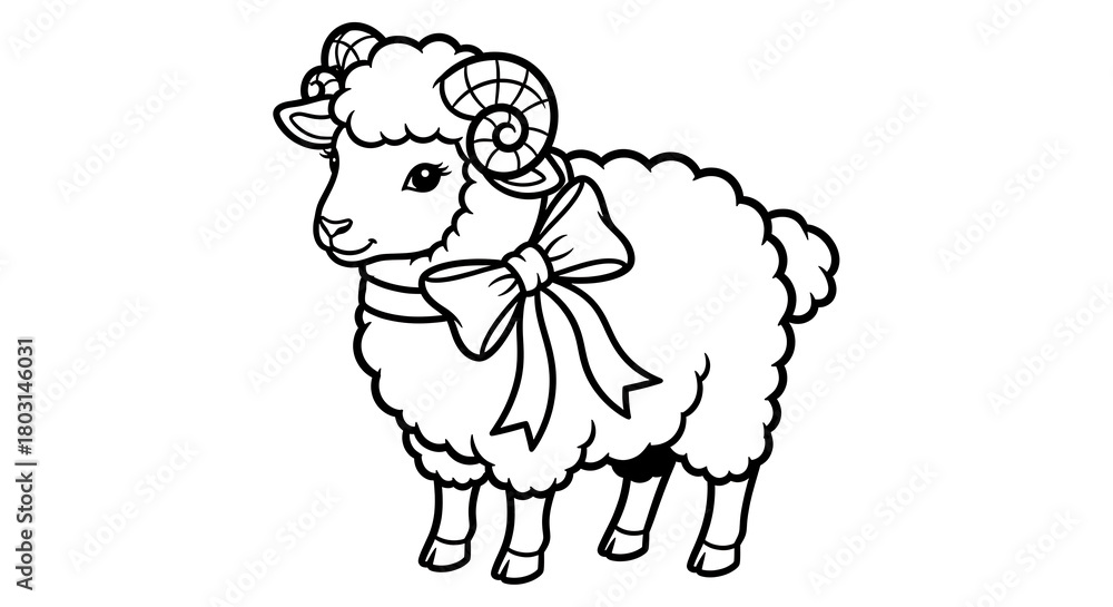 Fototapeta premium A cute cartoon sheep with curly horns and a bow tie in black and white line art illustration