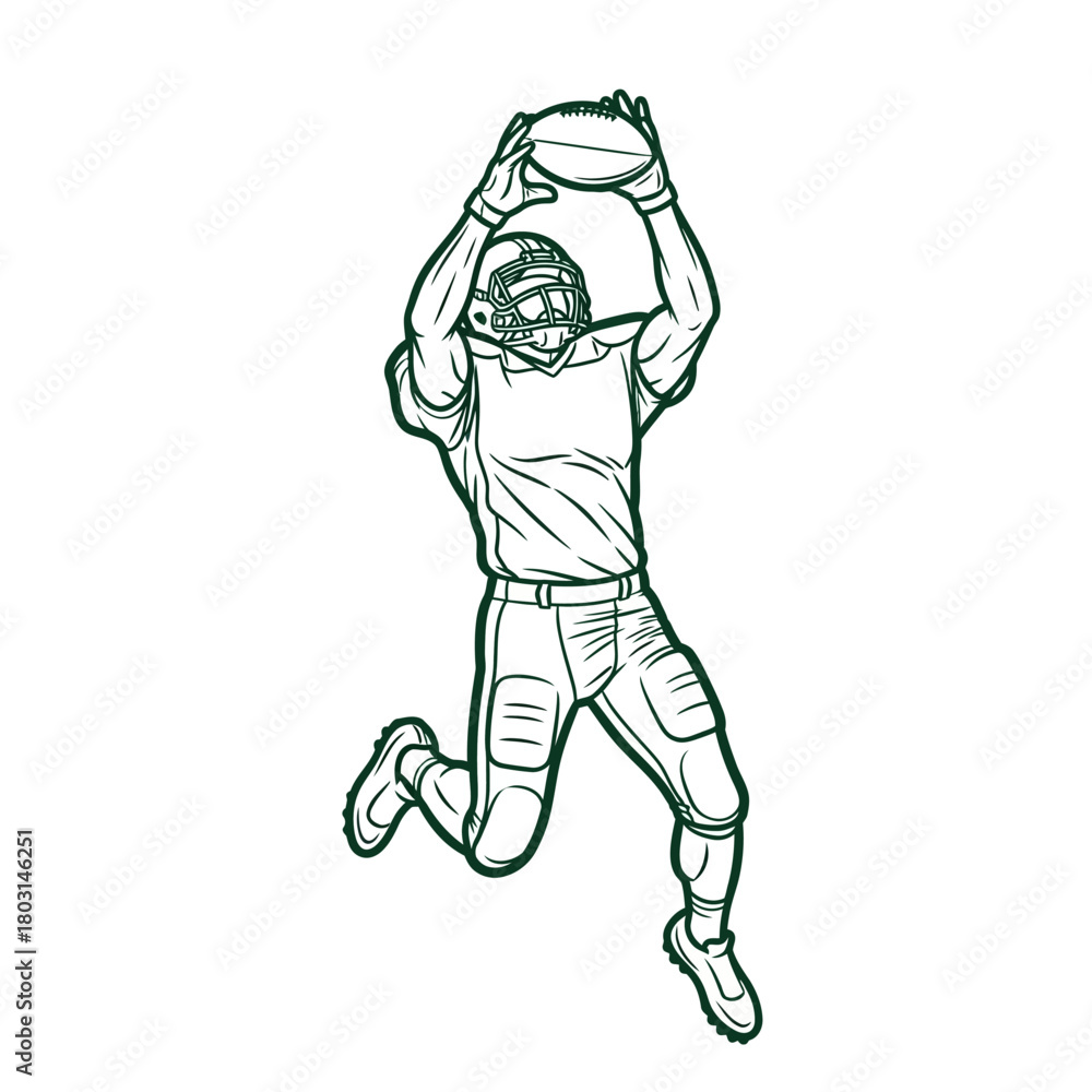 Fototapeta premium A black and white line drawing of an American football player in mid-air, reaching up to catch a football.