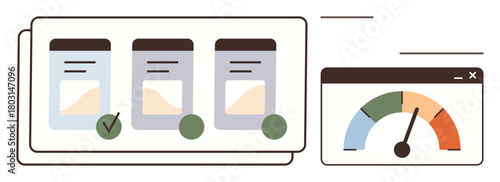 Three progress indicators paired with a gauge display tracking performance and analytics. Ideal for productivity, efficiency, performance, workflow management, data monitoring, goals, simple flat