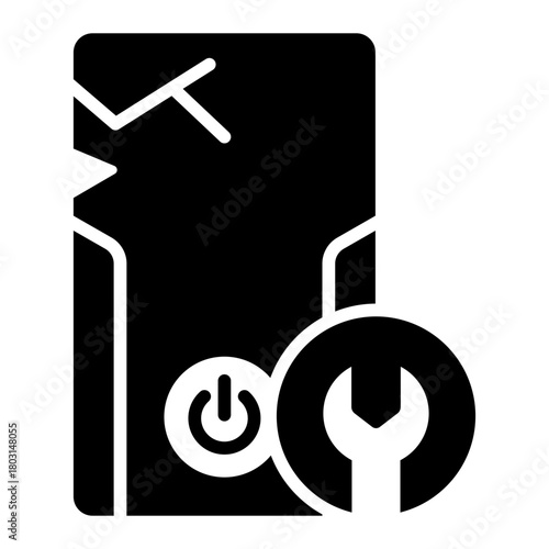 broken computer glyph icon with repair tool for maintenance