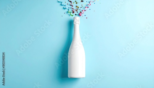 White bottle on blue, confetti streamers above