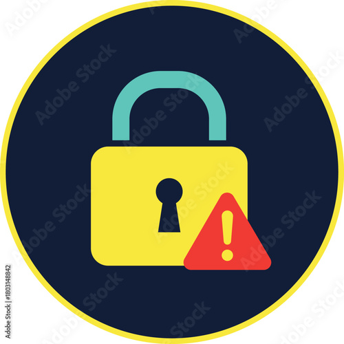 Yellow padlock with teal shackle and red warning sign security alert