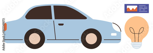 Blue car with a light bulb and a data chart embodies innovation, sustainability, and technological advancements. Ideal for automotive industry, energy efficiency, mobility, data analysis, green