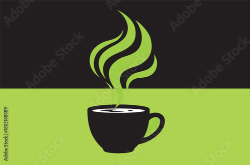 Black coffee cup with green steam rising against black and green background black cup hot beverage