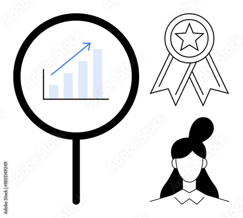 Magnifying glass over bar chart signaling growth, award medal with star, and businesswoman portrait. Ideal for success, achievement, performance review, analytics, recognition, teamwork personal