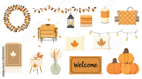 Autumnal Home Decor Collection with Pumpkins Wreath and Cozy Elements.