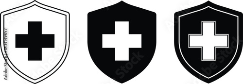 Three shield icons with medical cross symbols in black and white health protection