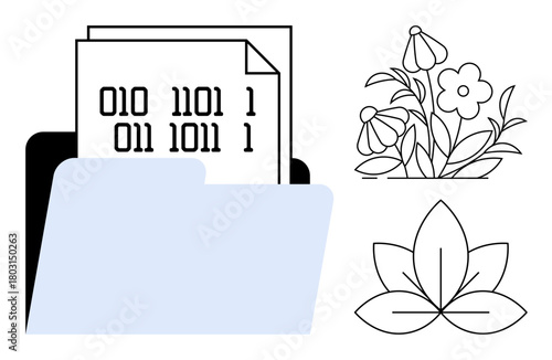 Open folder holding binary code pages, surrounded by floral sketches. Ideal for data storage, information, technology, environment, sustainability, digital organization eco-friendly ideas. Simple