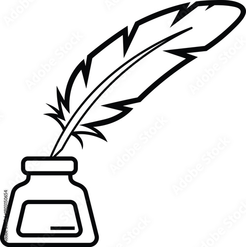 Black quill pen in inkwell vector illustration on white background writing instrument