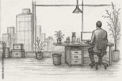 Detailed pen sketch of a man working in an office with city windows.