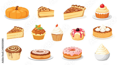 Assortment of delicious baked goods and desserts including pumpkin pie cupcakes donuts and cheesecakes.