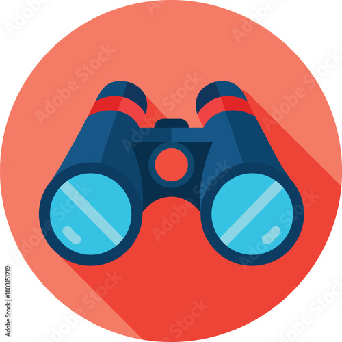 Flat design illustration of blue binoculars on a coral background optics magnifying