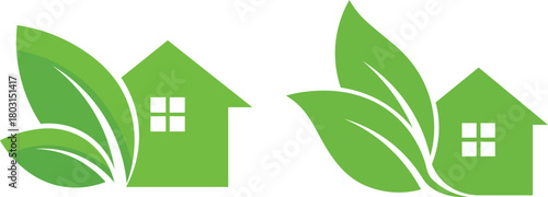 Two green house icons with leaf elements on white background leaf icon eco friendly