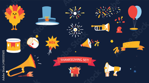 Thanksgiving Celebration Set with Turkey Horns Fireworks and Festive Elements.