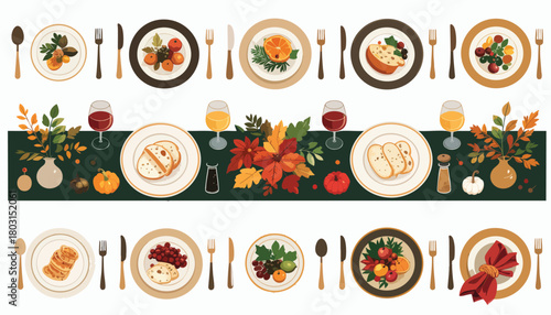 Thanksgiving Dinner Table Setting with Autumn Decorations and Delicious Food.