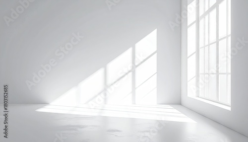 Empty white room; sun through paneled window casts shadows