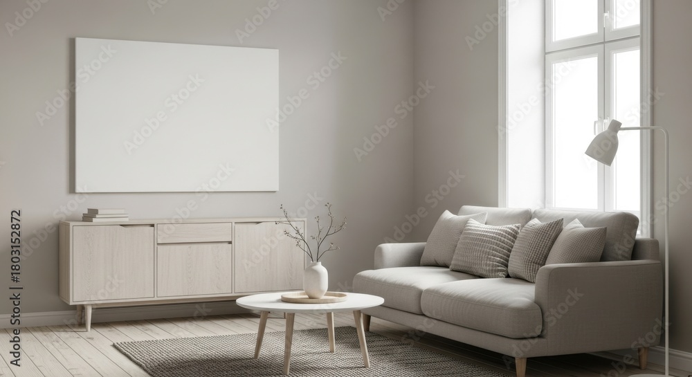 Fototapeta premium Minimalist and Bright Living Room Setup with Modern Sofa and Natural Light