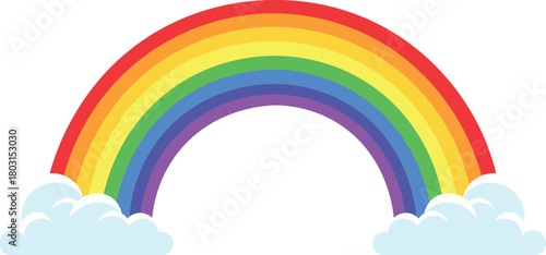 Colorful rainbow arc with fluffy white clouds on a white background spectrum