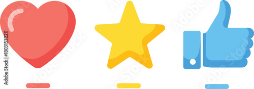 Red heart yellow star blue thumb up icons on white background like favorite