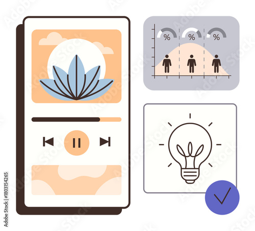 Mobile app interface with pause icon, lotus flower motif, analytics diagram with percentages, lightbulb graphic, and checklist mark. Ideal for wellness, productivity, creativity, balance planning
