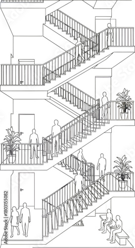 Detailed architectural sketch of a classic exterior fire escape staircase with ornate railings and balconies on a building