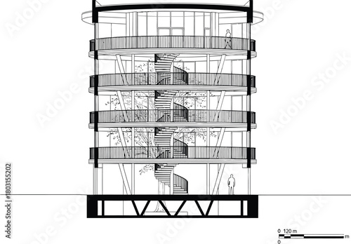 Architectural section drawing of a modern multi story building with balconies and a central staircase