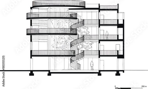 Detailed architectural section drawing of a multi story building with balconies and a central staircase