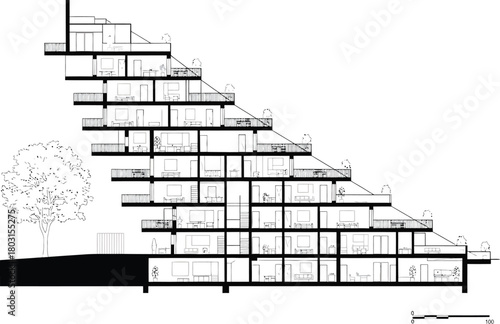 Architectural cross section drawing of a unique tiered residential building with multiple levels and balconies