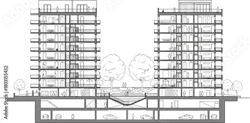 Architectural cross section drawing of two modern high rise residential towers with underground levels and surrounding landscape elements