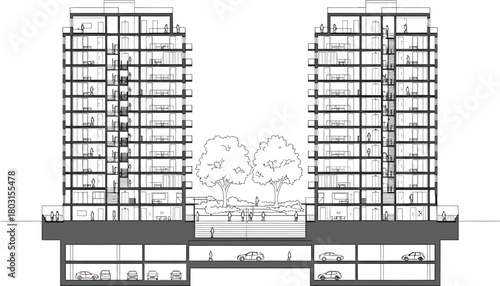 Architectural cross section drawing of two modern high rise residential buildings with detailed floor plans and interior views