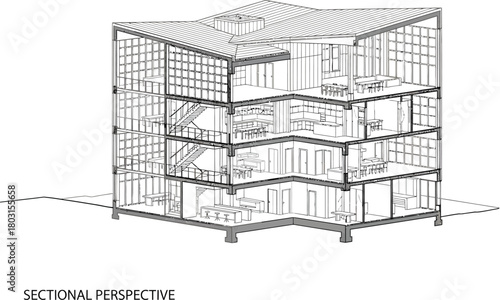 Detailed architectural line drawing of a multi level industrial wire mesh storage cage with wheels filled with various items on shelves