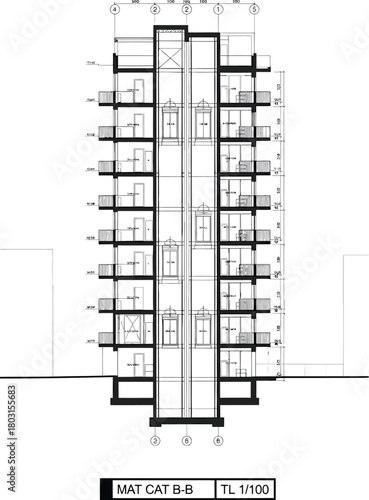 Architectural blueprint of a high rise residential building floor plan showing apartment layouts and structural details