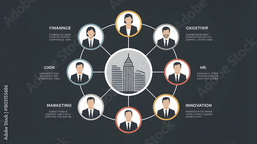 Business team structure organization chart showing company departments and employees